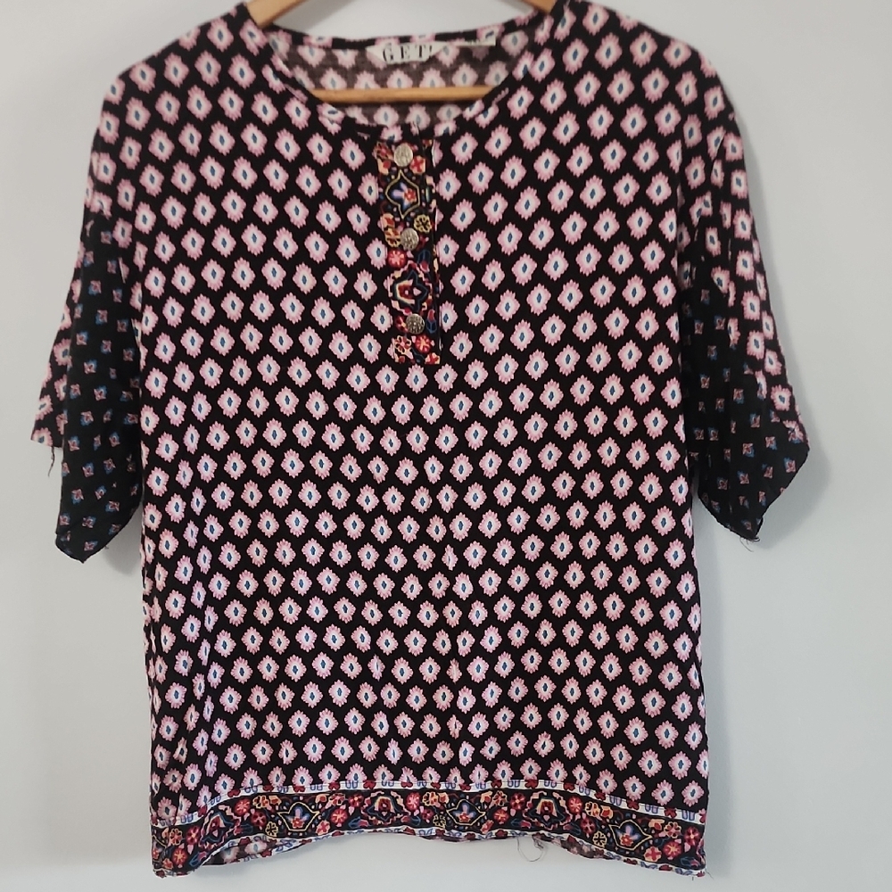 Pink and Black Embellished Blouse with Mandarin Collar